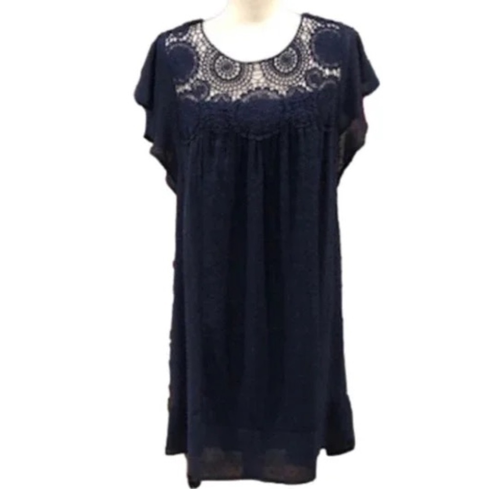 𝅺Daniel Rainn Navy Flutter Sleeve Lace Babydoll Dress, Size Medium - Picture 2 of 16